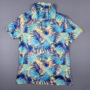 IZOD Golf Stretch Men's Medium short sleeve polo, Island print blue, tan & pink